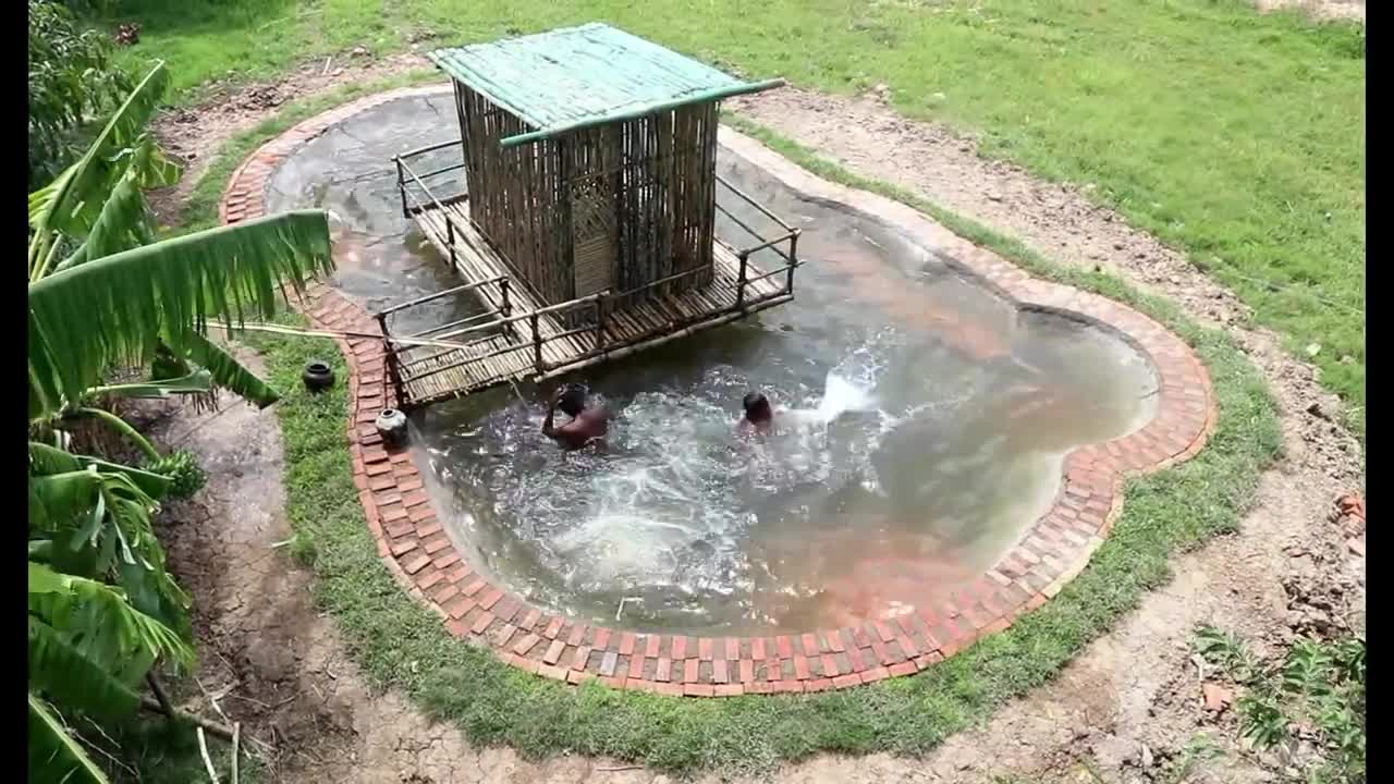 Build Swimming Pool Around Bamboo House In forest