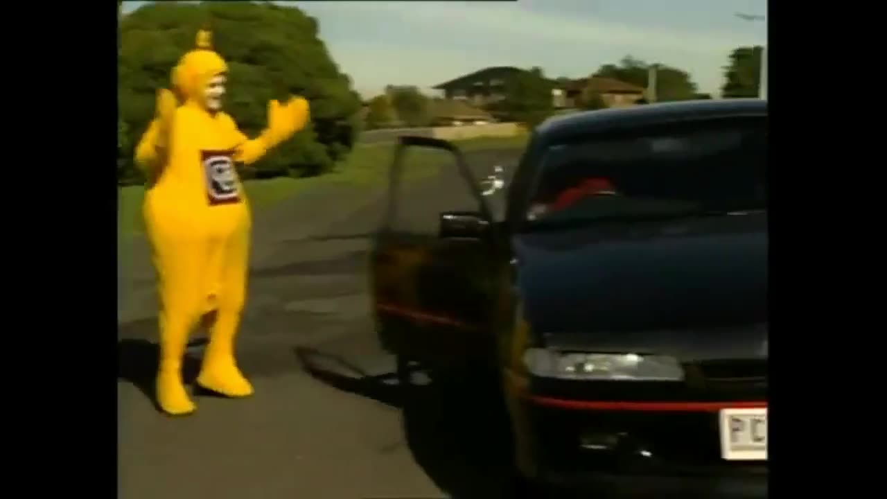 Telestubbies do a burnout. Teletubbies