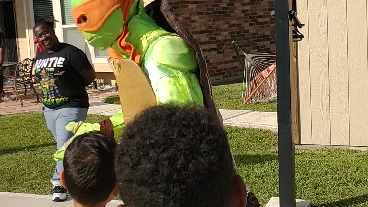 Houston superhero party character ninja turtle mikey explains why he came to birthday Pearland Texas