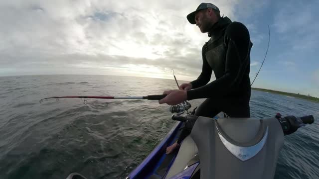 Fishing Cape Yellowtail from a Jetski near Robben Island in Cape Town South Africa