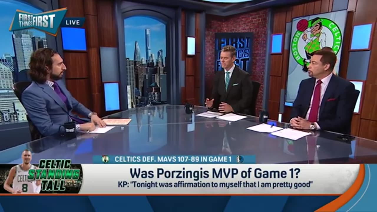 Celtics blowout Mavs in Gm 1: Porziņģis shines in return, Kyrie struggles | NBA | FIRST THINGS FIRST