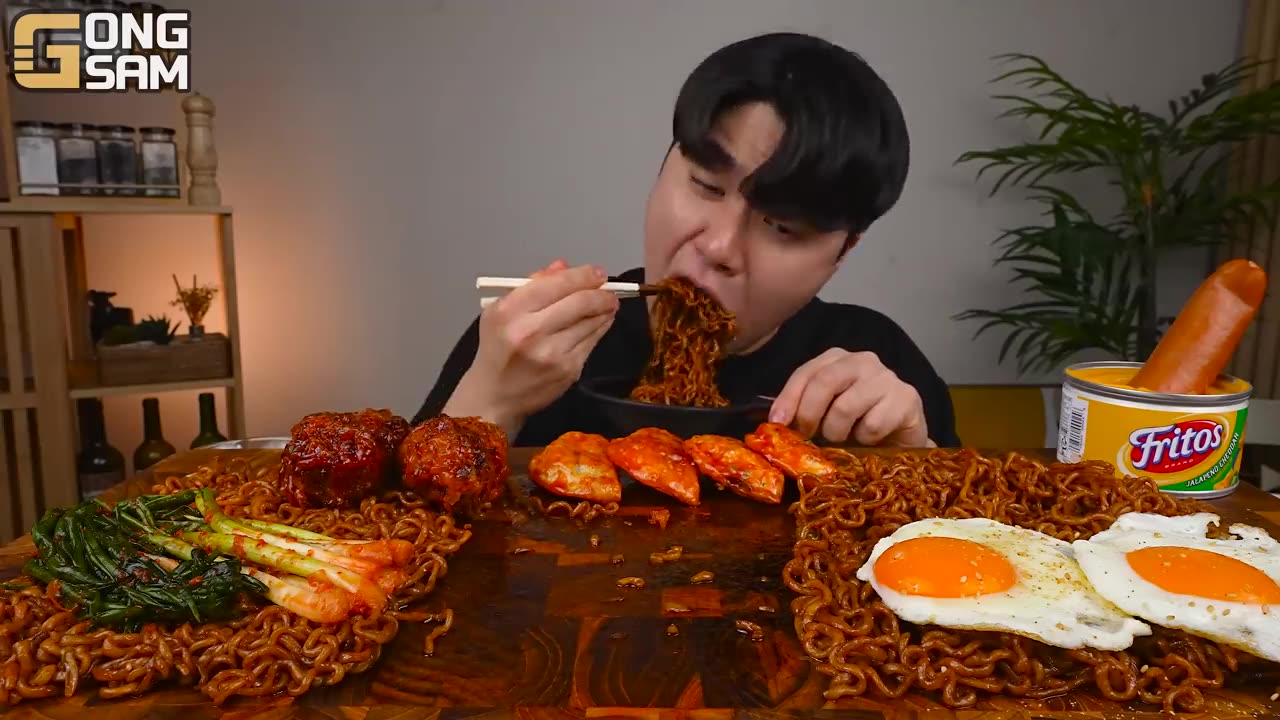 ASMR MUKBANG | Fried Chicken, black bean noodles, kimchi, sausage korean eating sound!