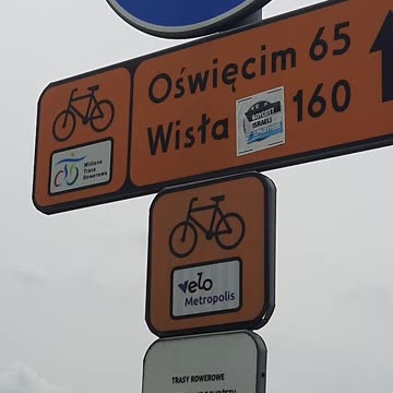 A sign on the Wisla River's bank, left of which is Skawina