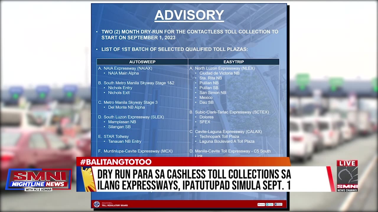 Dry run para sa cashless toll collections sa ilang expressways, ipatutupad simula Sept. 1