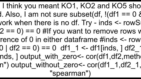 How do I ignore double zeros before calculating correlation between two data frames in R