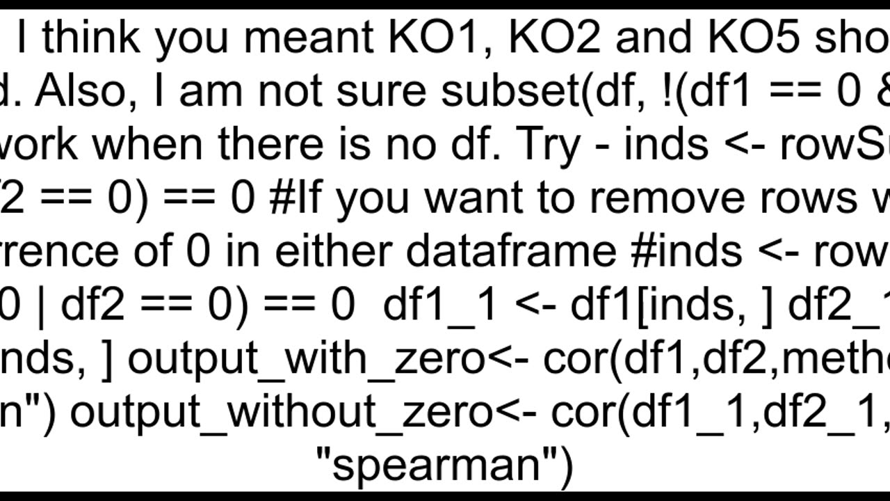 How do I ignore double zeros before calculating correlation between two data frames in R