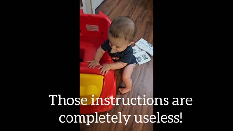 Chatty baby boy tells his mom he has to assemble the toy car without instructions