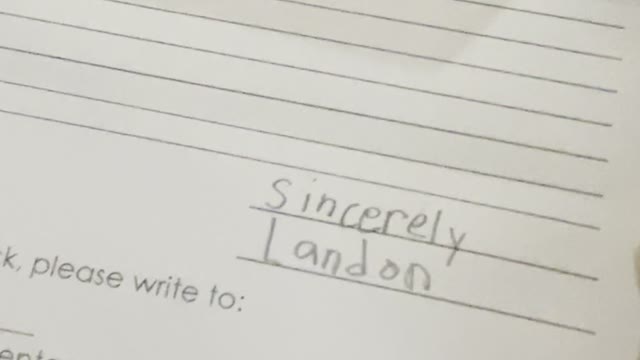 Landon's school letter to Eystreem Fan Mail!