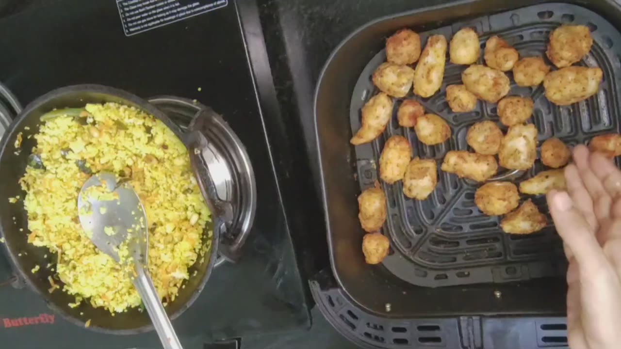 Lemon barnyard millets with Air fried crispy arbi/colacasia