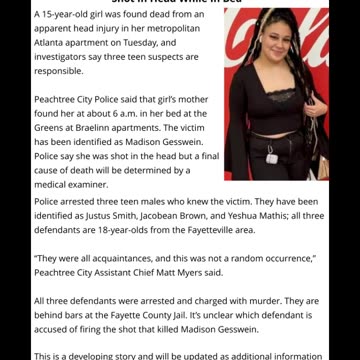 Three Teen Males Arrested After 15 Year Old Georgia Girl Shot In Head While In Bed