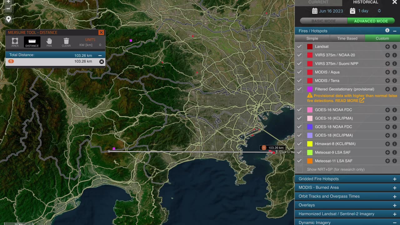 Mount Fuji hotspots and fires from 2023-06-05 ~ 06-24 monitored by NASA, 気象庁. 富士山噴火警戒。富士山北側山麓の気温が高い。