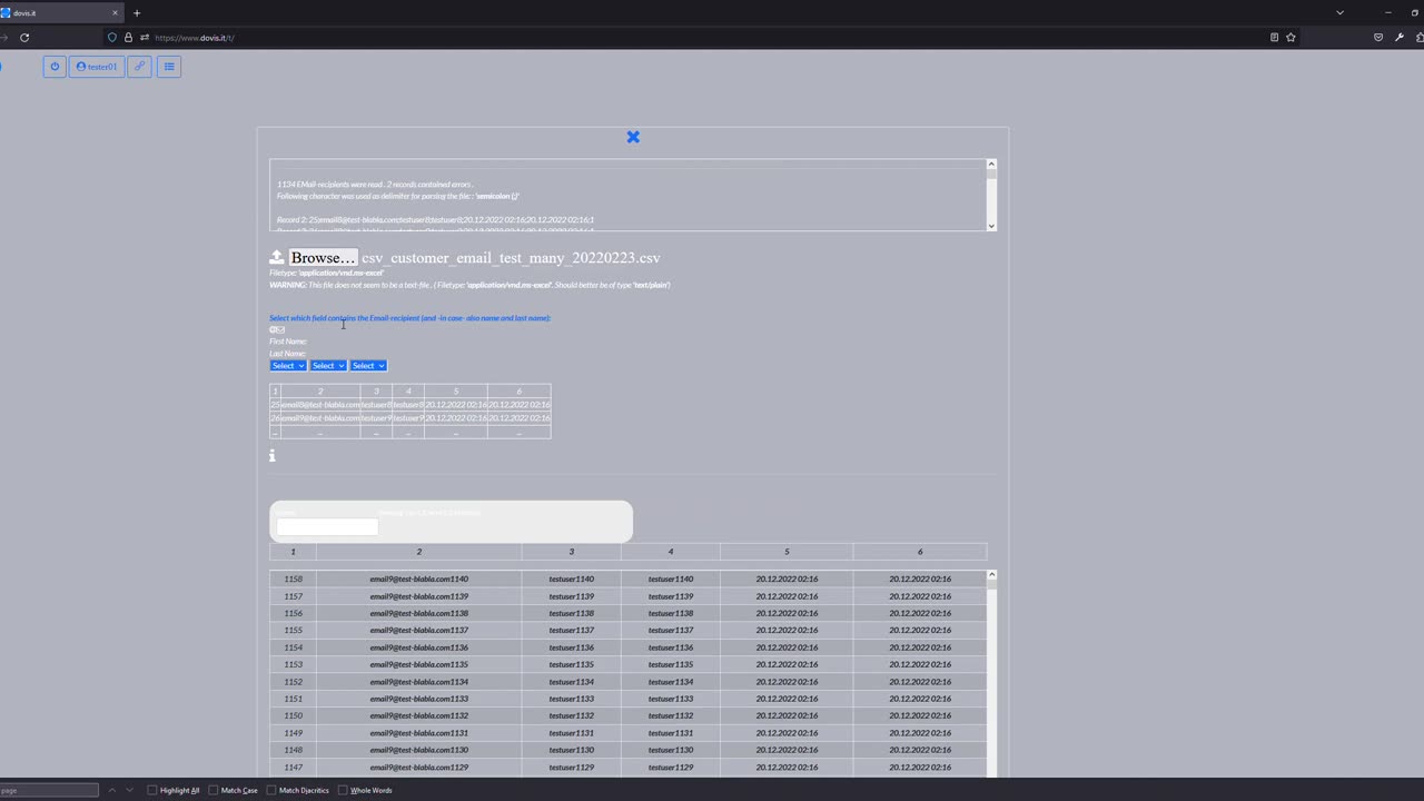 Upload Email contact list on dovis.it