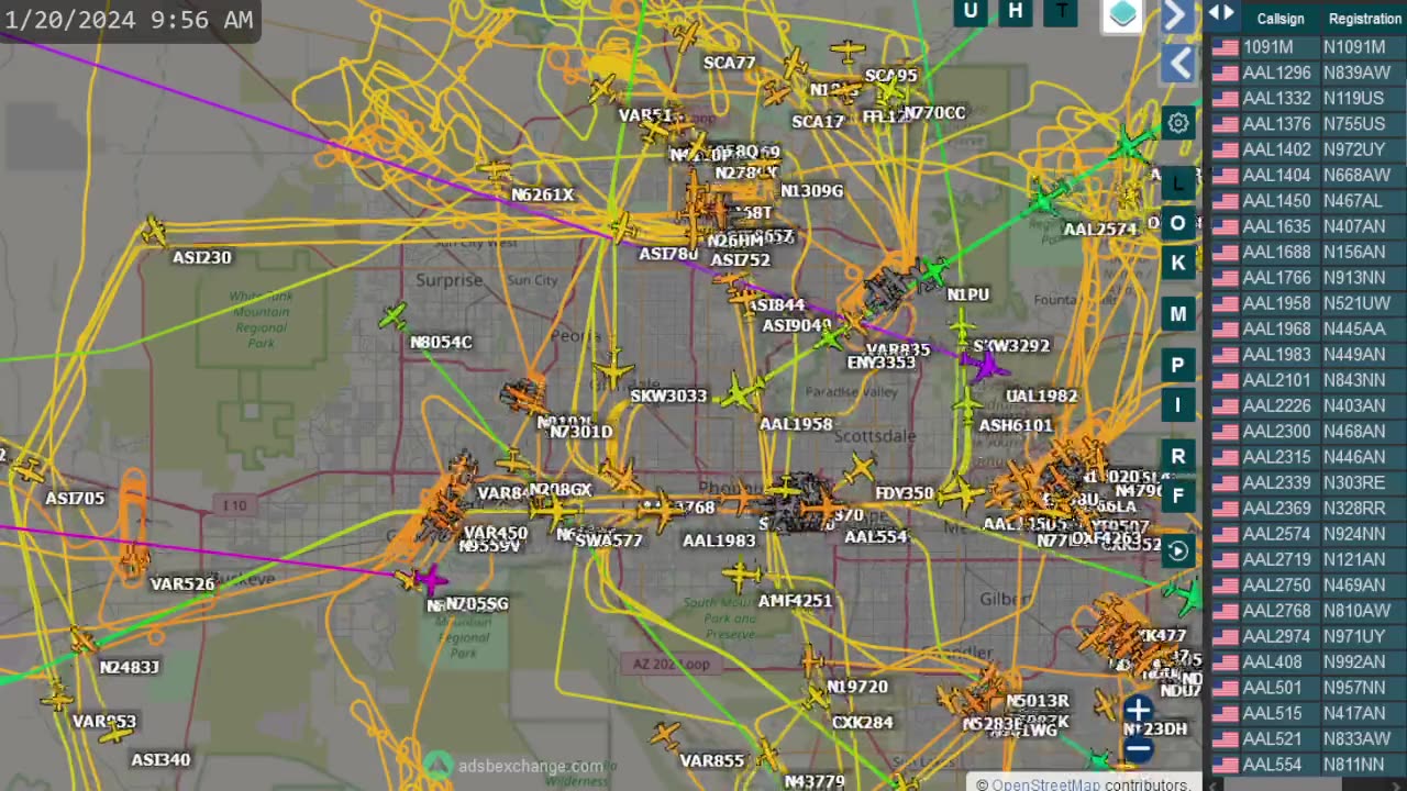 the Close Up view of Phoenix Arizona air traffik for Jan 21st 2024