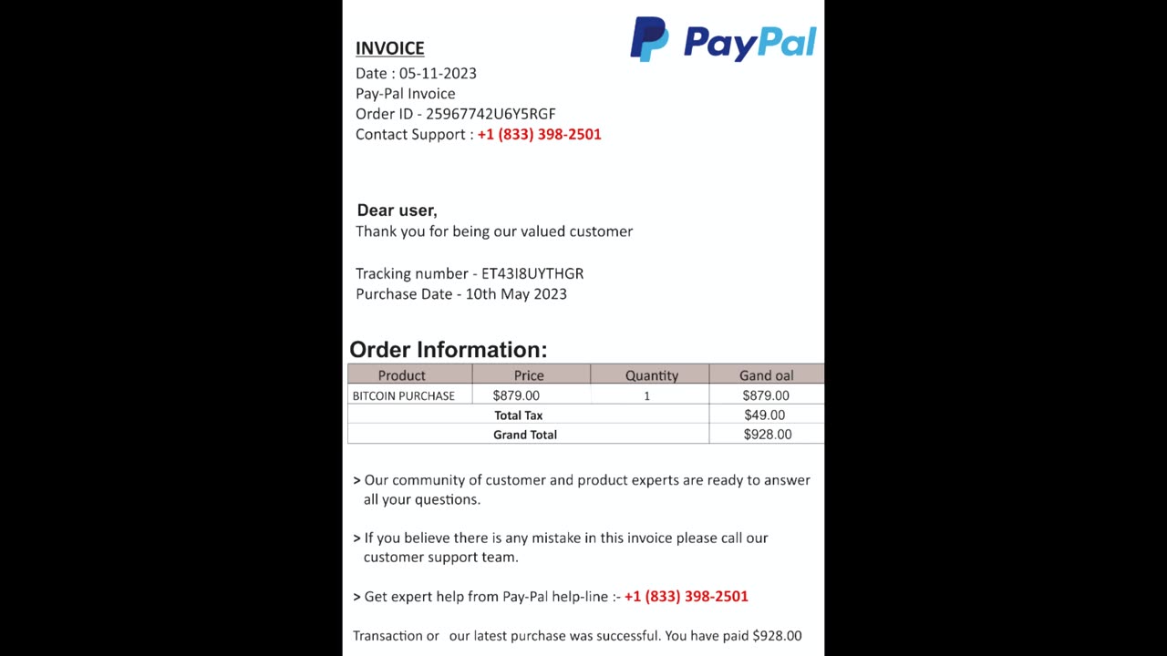 Outgoing Call To Alleged PayPal: $928 For Bitcoin, (833) 398-2501, 5/11/23