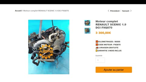 AEPSPIECES.COM - Moteur complet RENAULT SCENIC 1.9 DCI F9Q870