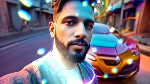 AI Generated Video of a Man standing in front of his car in the colourful city