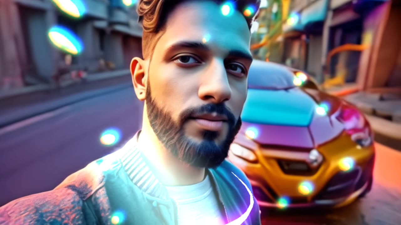 AI Generated Video of a Man standing in front of his car in the colourful city