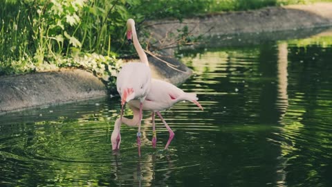 Two Flamingos Playing In The Lake