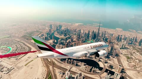 Spectacular Dubai Flypast with Emirates A380 and Red Arrows