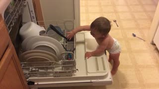 Baby "helps" mommy with the dishes