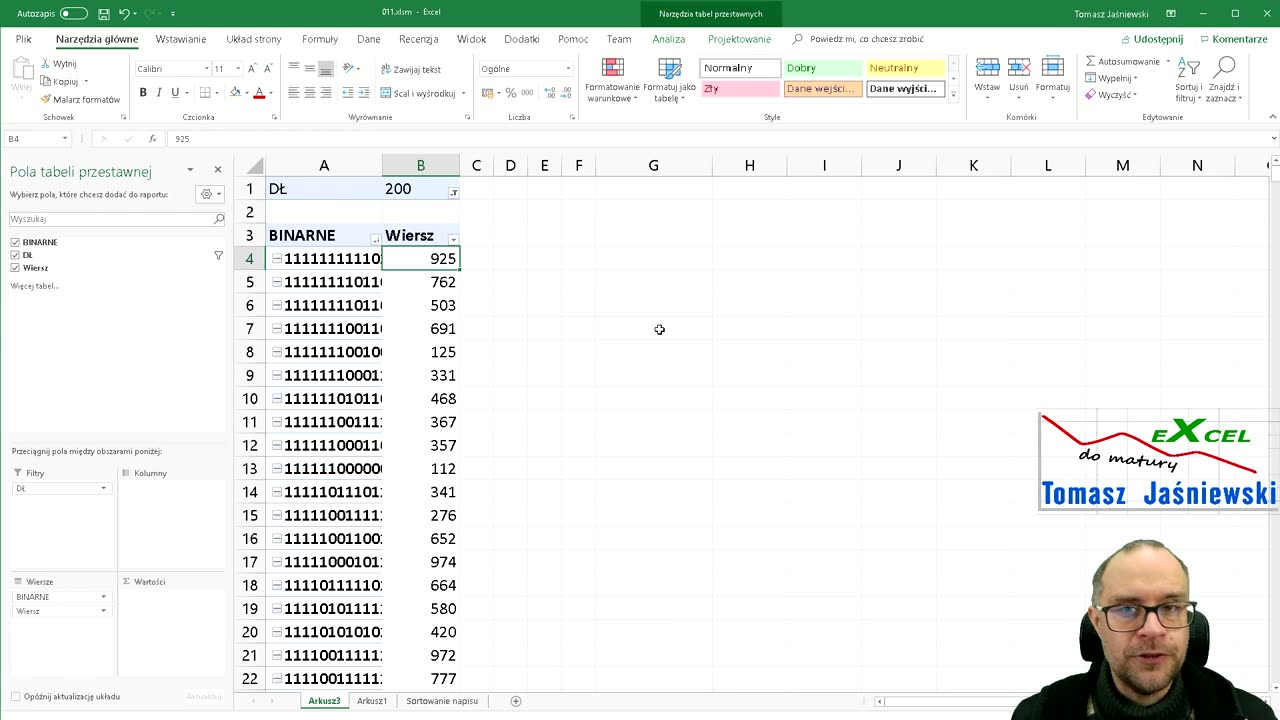 Lekcja 11. Przykładowe zadania maturalne 1_3. Kurs z Excel'a.