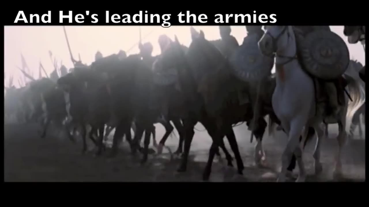 He has fire in his eyes and a sword in his hand.