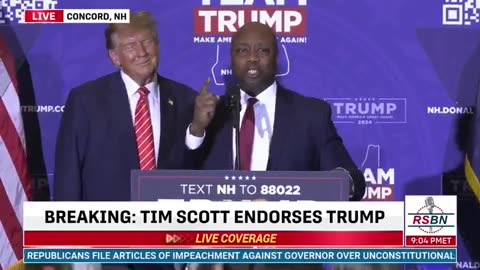 Sen Tim Scott takes the stage with President Trump in Concord New Hampshire.