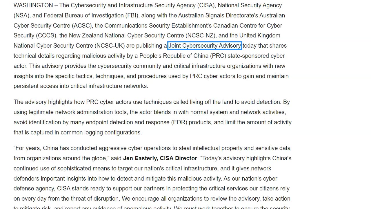 URGENT: U.S., International Partners Release Advisory Warning of PRC State-Sponsored Cyber Activity