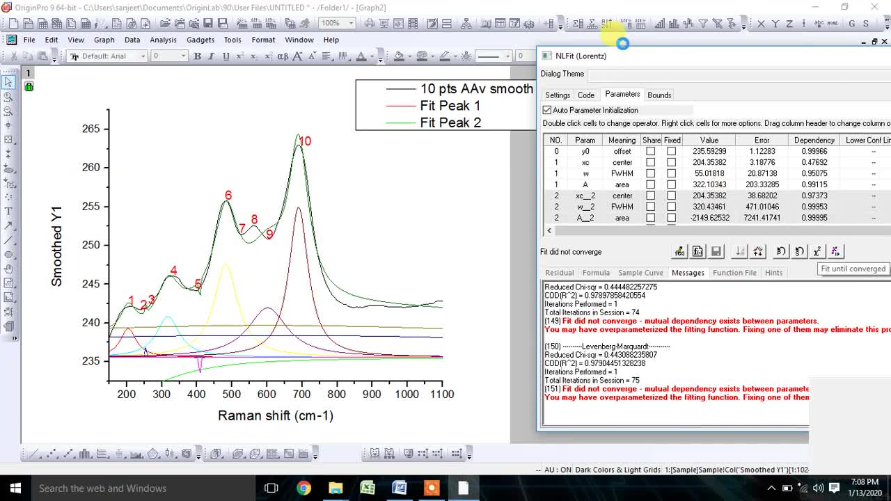 How to fit Raman data using Gaussian and Lorentizian function via origin software