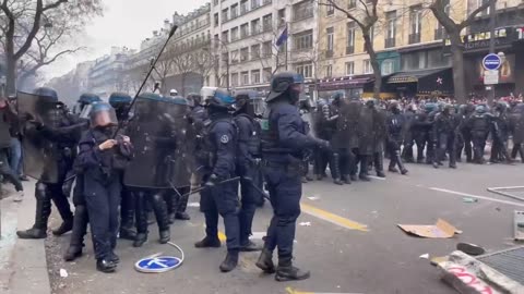 Paris France Cops start attacking protesters and rioters