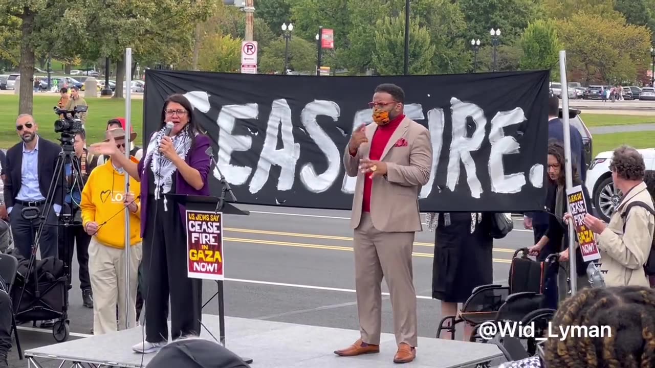 Rashida Tlaib outside the Capitol repeating her claim that Israel bombed the Gaza hospital.