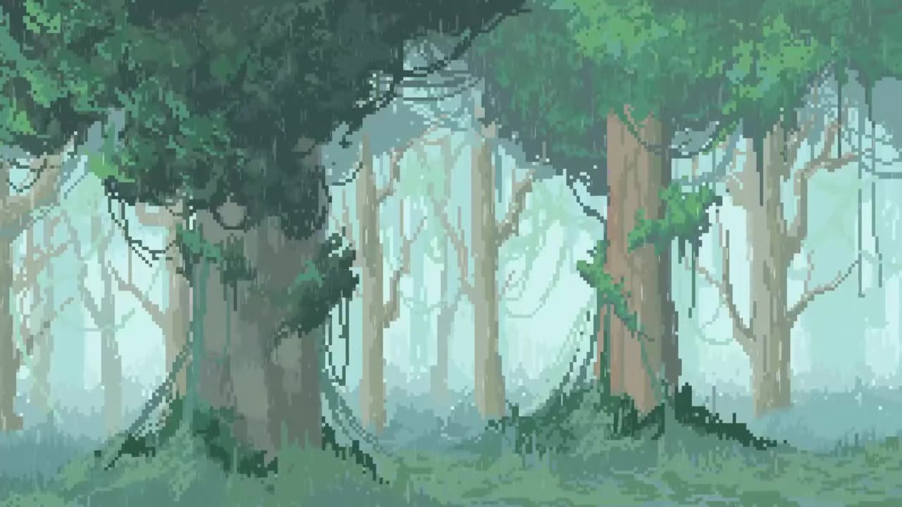 Cozy raining pixel forest