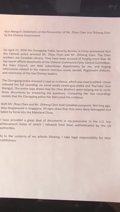 20180424文贵先生视频²：Guo Wengui's statement on the Persecution of Mr Zhiyu Chen and Zhiheng Chen by the Chin