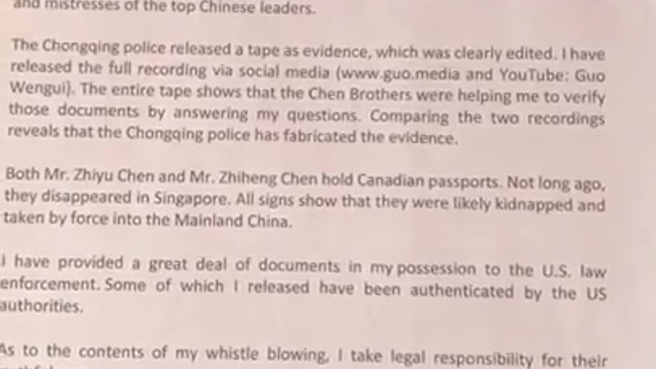 20180424文贵先生视频²：Guo Wengui's statement on the Persecution of Mr Zhiyu Chen and Zhiheng Chen by the Chin