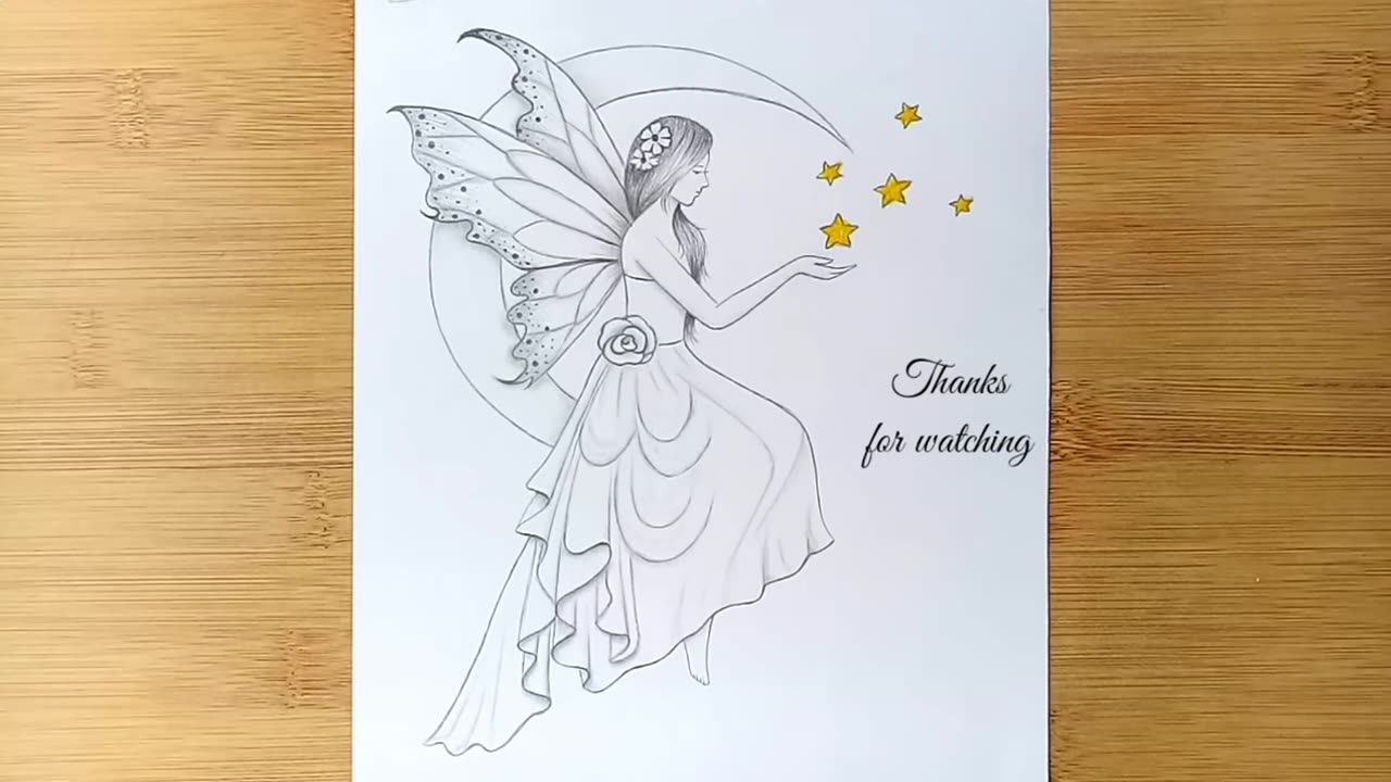 A fairy is sitting on the Moon - Pencil Sketch || How to draw Fairy Dreams Scenery || peri çizimi