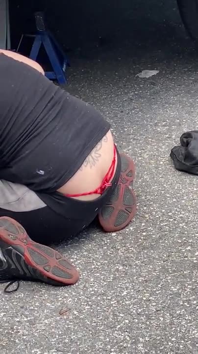 Red Thong Slip While Fixing Car