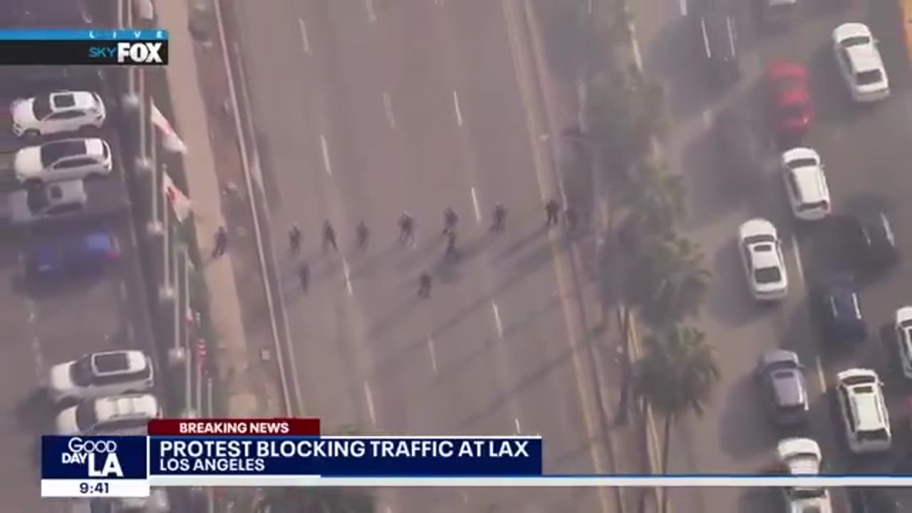 Ariel view of Pro-Palestinian protestors blocking traffic at LAX airport