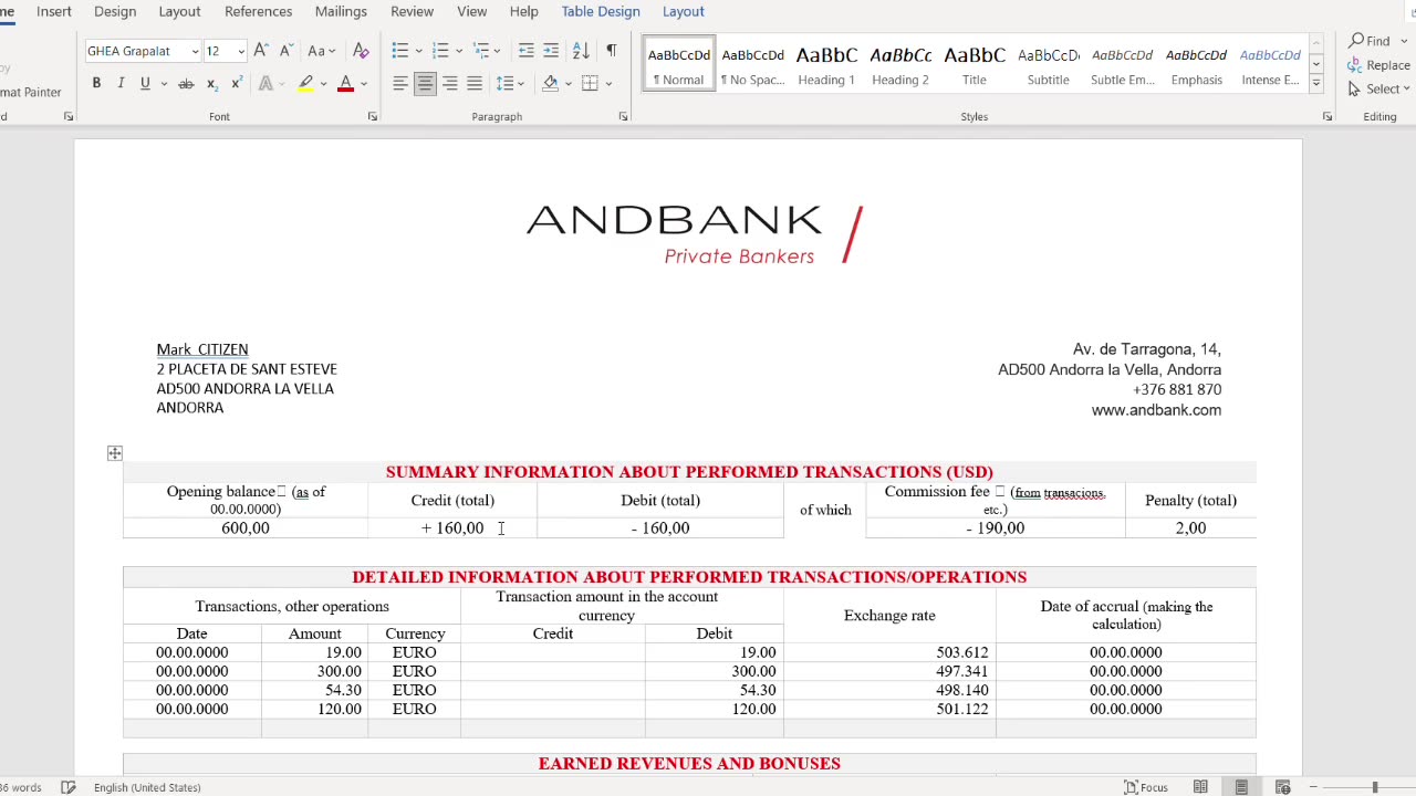 Andorra Andbank banking statement template in Word and PDF format, good for address prove