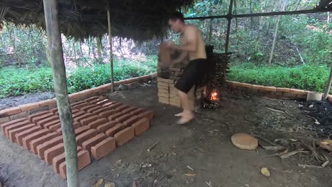 Primitive Technology: Wood Ash Cement & Fired Brick Hut