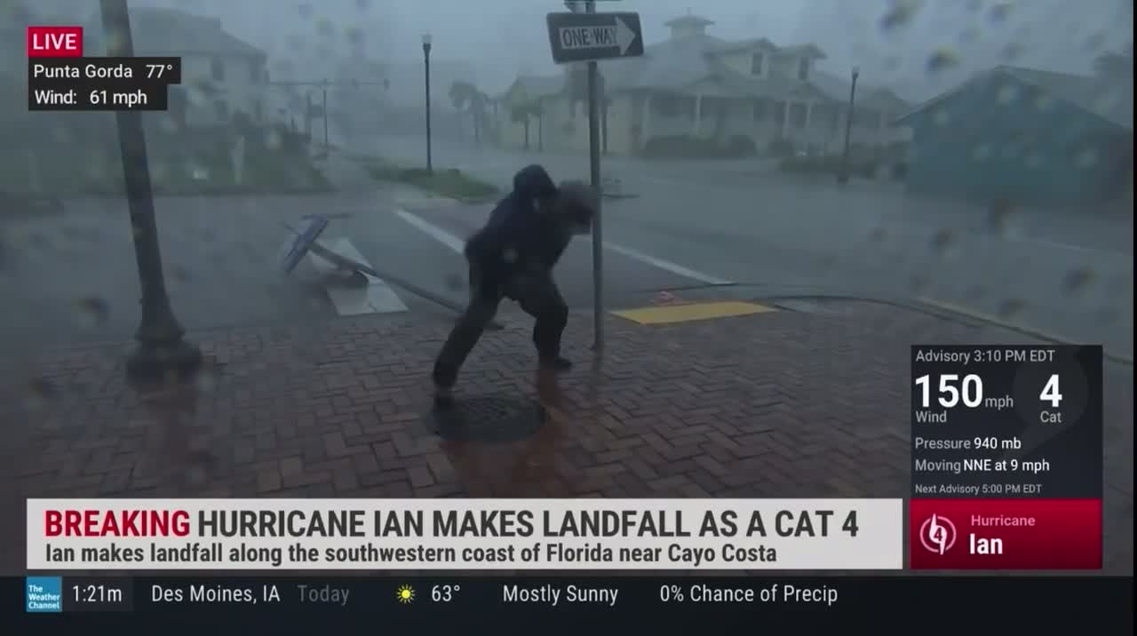 Weather Reporter Nearly Gets Blown Away While Broadcasting the Force of Hurricane Ian