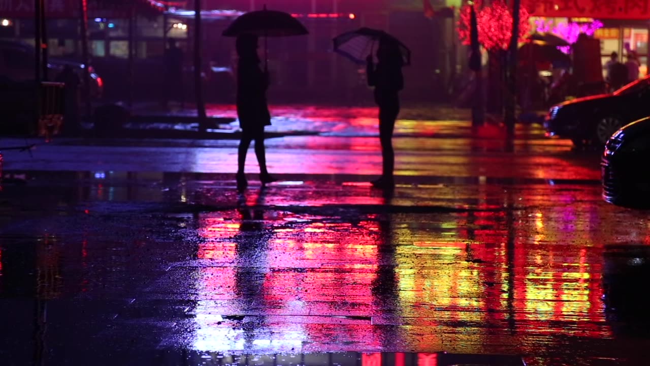 Two Girls Walking on Street In Rain - Video Template