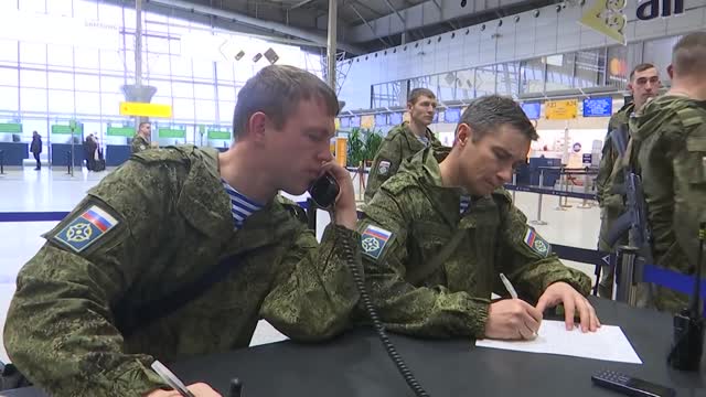 Servicemen of the Russian Airborne Forces at the airport of Alma-Ata.