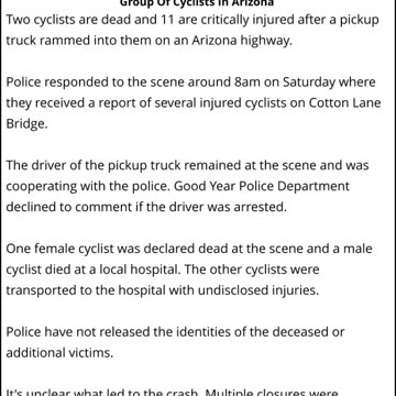 2 Dead And 11 People Hospitalized After A Pickup Truck Rams Into A Group Of Cyclists In Arizona