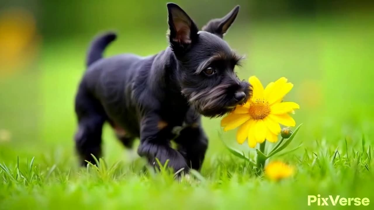 A schnauzer running in the grass and playing with a flower