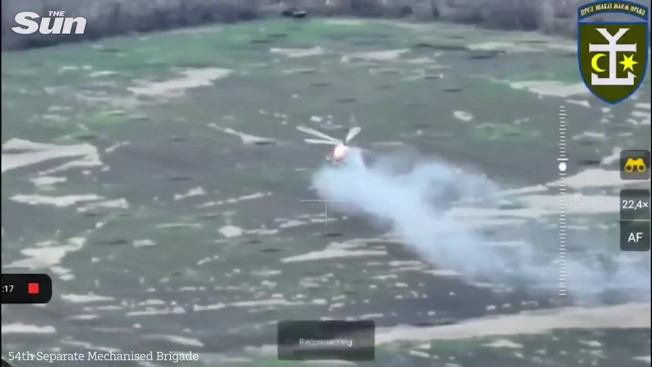 Russian Mi-8 helicopter shot out of the sky with MANPADS by Ukrainian forces near Donetsk