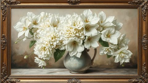 Beautiful white flower arrangement . Framed art TV screensaver . 4k Vintage Oil Painting background