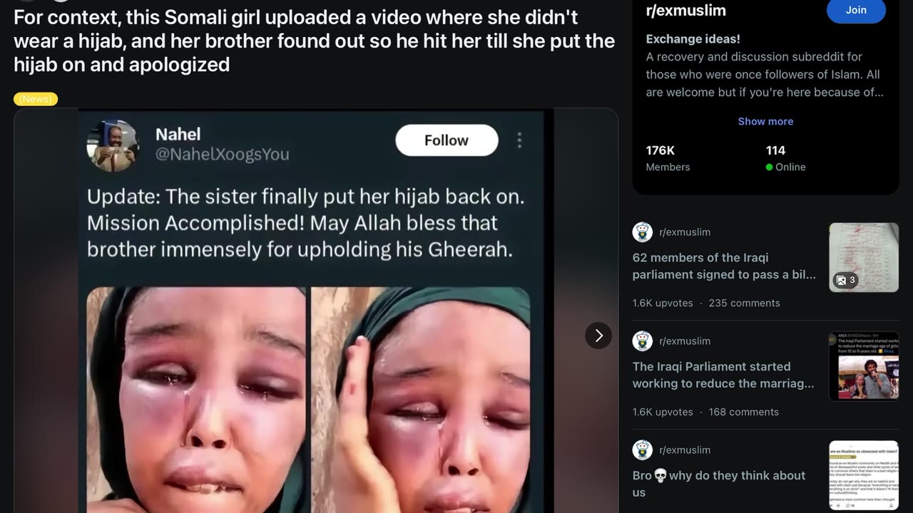 r/exmuslim | For context, this Somali girl uploaded a video where she didn't wear a hijab, and…