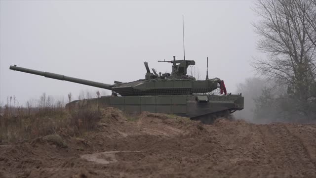 Russian T-90M tank training in the rear of special military operation
