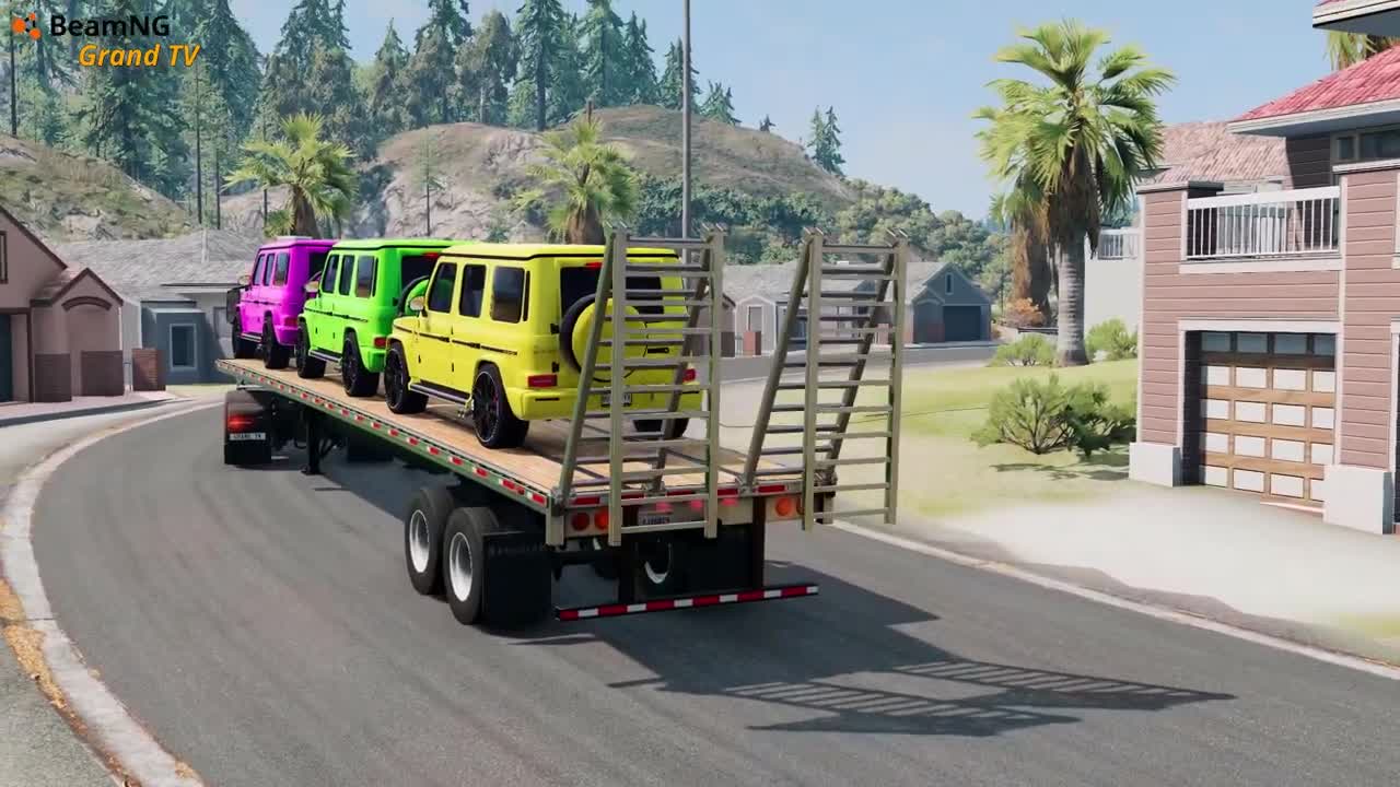 Flatbed Trailer Cars Transportation with Truck - Car vs Speed Bump #1 - BeamNG.Drive