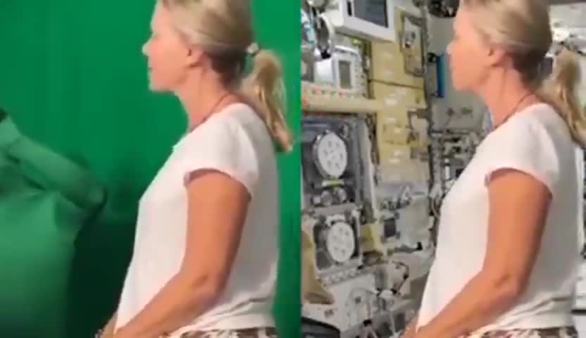 Astro-not Karen Nyberg working with a greenscreen to fool the masses. Look no gravity!
